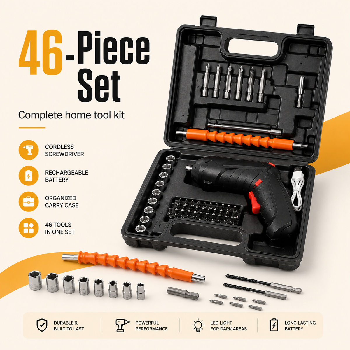 46 PCS Rechargeable Cordless Drill & Screwdriver Kit