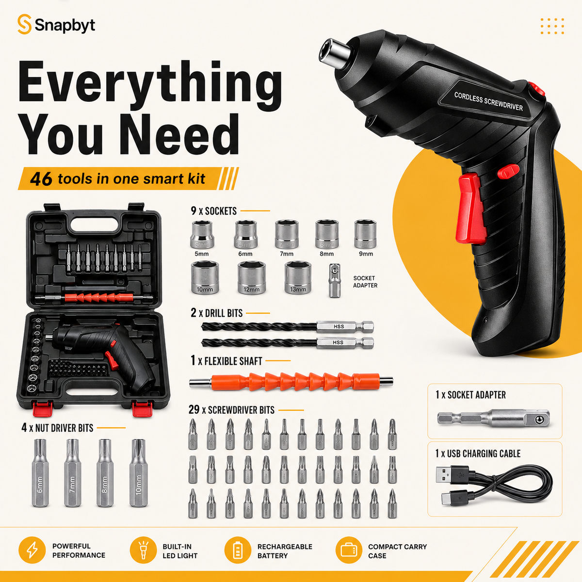 46 PCS Rechargeable Cordless Drill & Screwdriver Kit