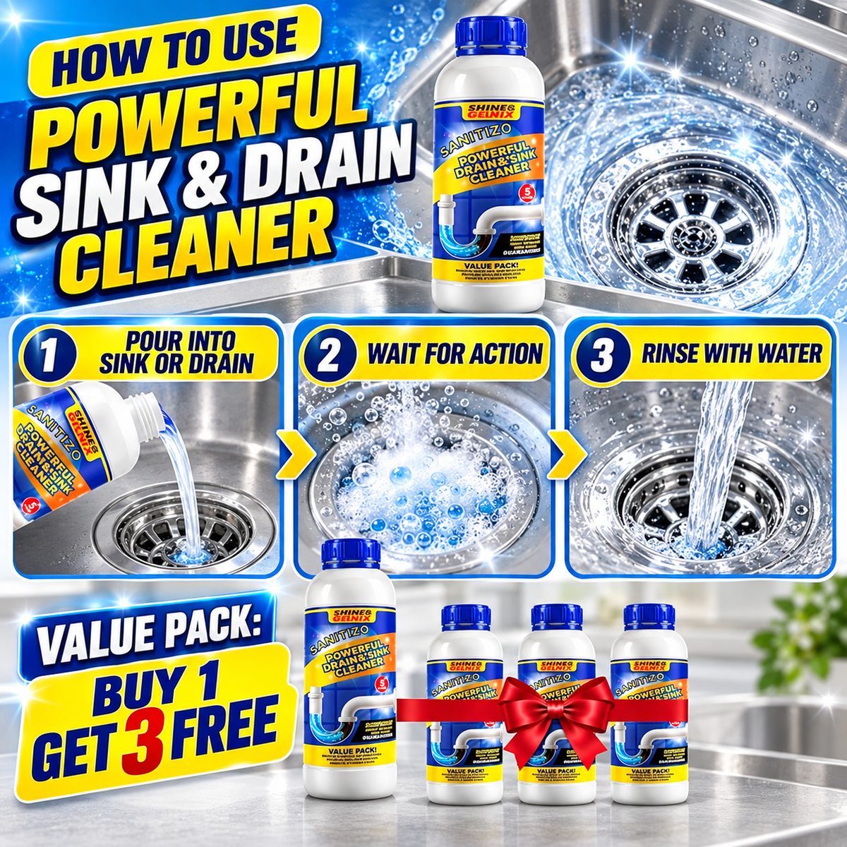 Sink & Drain Cleaning Solution – Buy 1 Get 3 FREE | Limited Offer