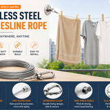 Stainless Steel Wire Rope Clothesline 10 Meter With Hooks