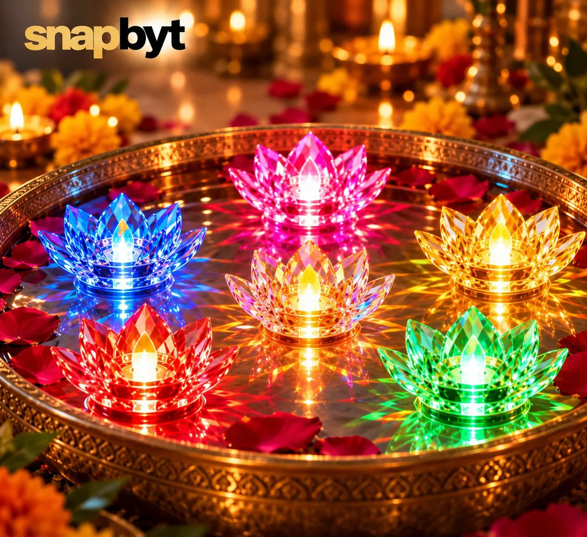Multicolour diyas floating in an urli